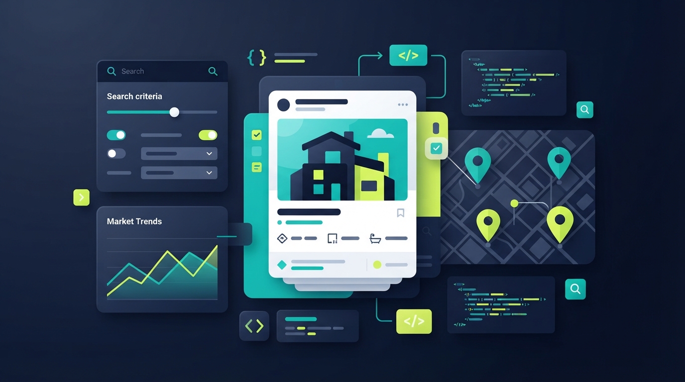Abstract editorial illustration of a WordPress real-estate dashboard with map pins, filters, and code cards in navy, teal, and lime.