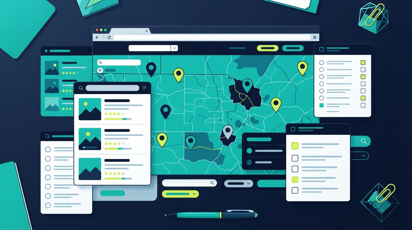 Abstract editorial illustration of a business directory buying guide with browser cards, map pins, checklist elements, and teal-lime accents on a dark navy background.