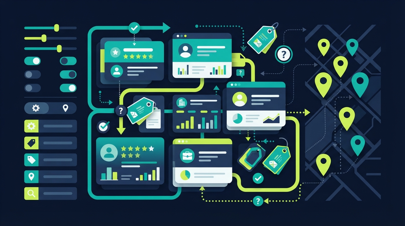 Abstract editorial illustration of a WordPress directory buying decision with routing lines, search filters, and map pins.