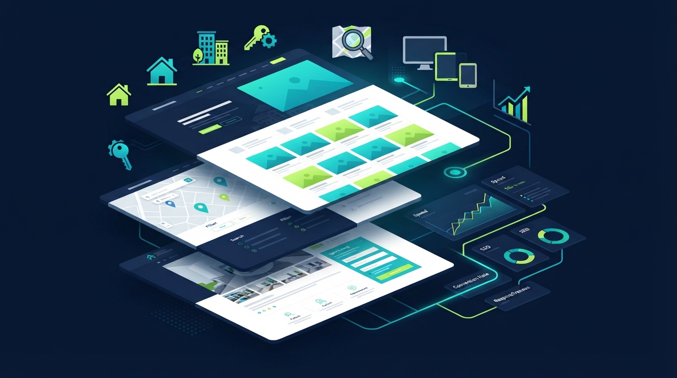 Abstract editorial illustration of a real estate website comparison dashboard with navy, teal, and lime accents.