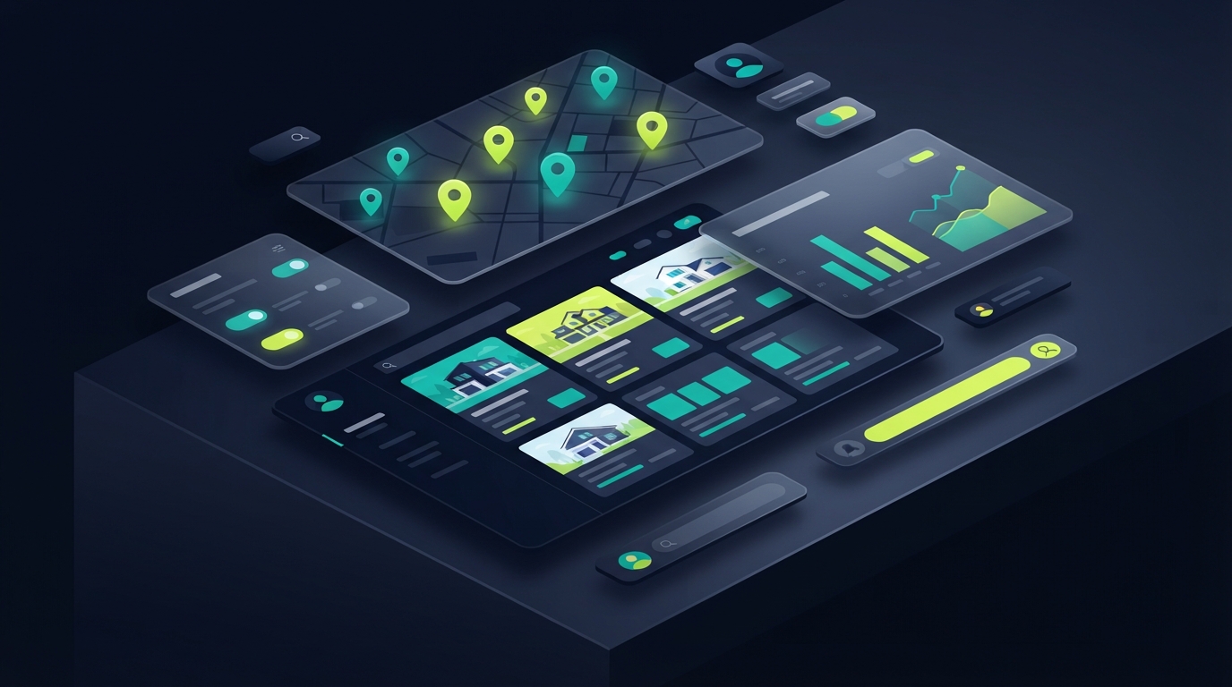 Abstract real estate WordPress theme comparison graphic in a dark editorial palette with teal and lime accents.