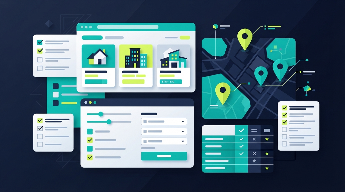 Abstract real-estate software comparison illustration in navy, teal, and lime with search panels and map pins