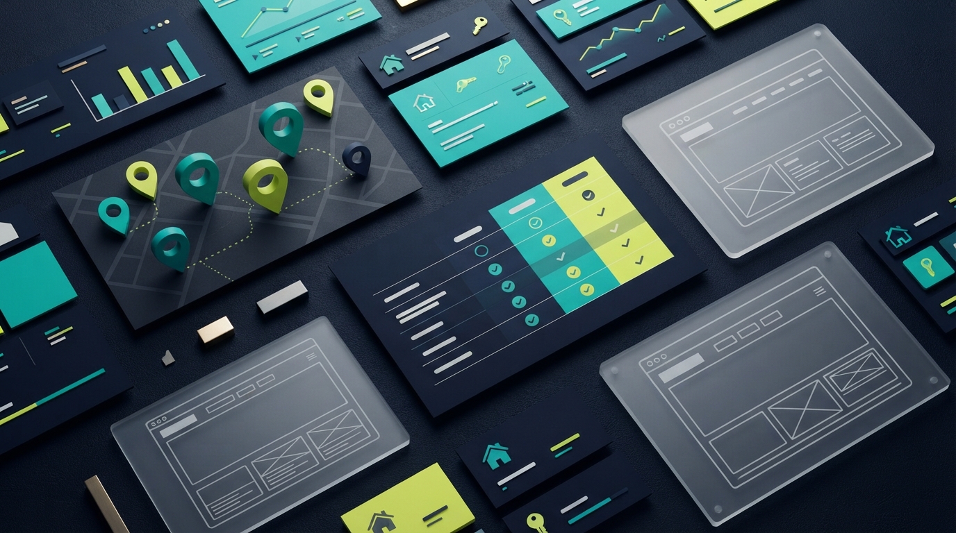Abstract editorial illustration of a real estate website buying comparison with browser cards, map pins, and data widgets in blue-green-lime colors.