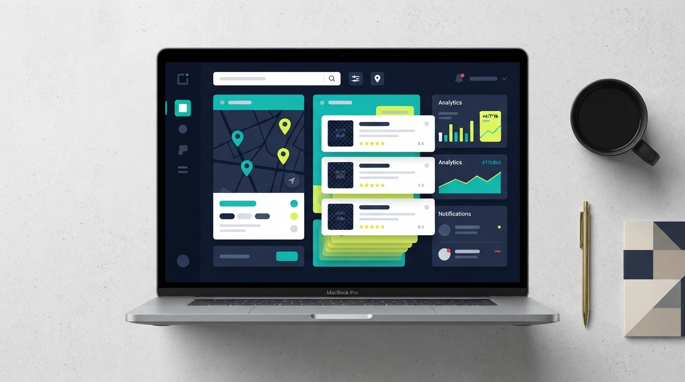 Abstract editorial illustration of a directory website dashboard with listing cards, search controls, and map elements in the Creative Asset Lab color palette.