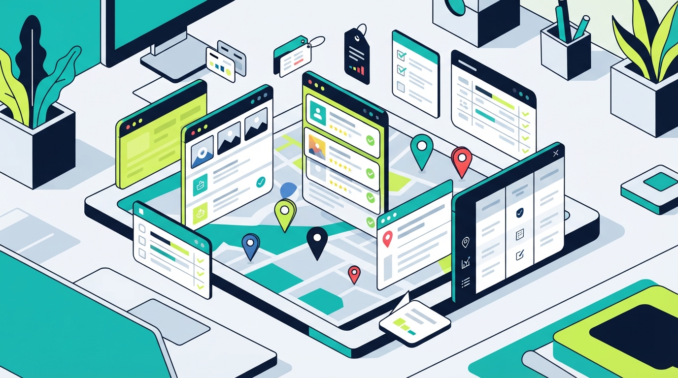 Abstract editorial illustration of a directory theme comparison with pricing, maps, and checklist panels in the publication palette.