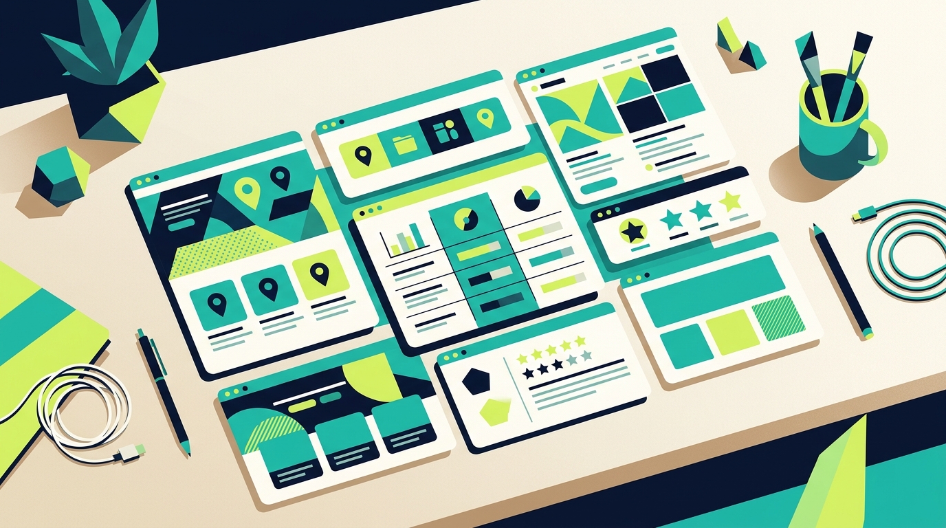 Abstract editorial illustration of directory theme selection cards in teal, lime, and deep navy, no text or trademarks.