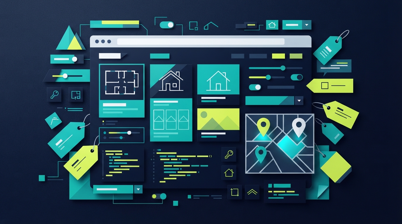 Abstract real-estate website buying decision illustration in navy, teal, and lime with browser cards and search filters