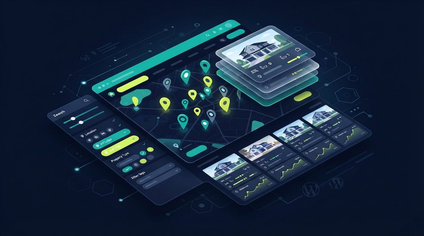 Abstract editorial illustration of a real-estate software decision flow with maps, listing cards, and search filters in a teal, lime, and navy palette.