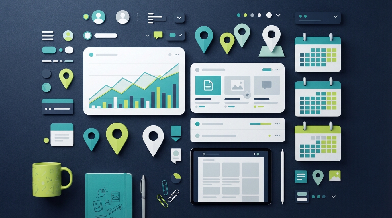 Abstract editorial illustration of property cards, booking calendars, and real-estate workflow panels in navy, teal, and lime, without text or trademarks.