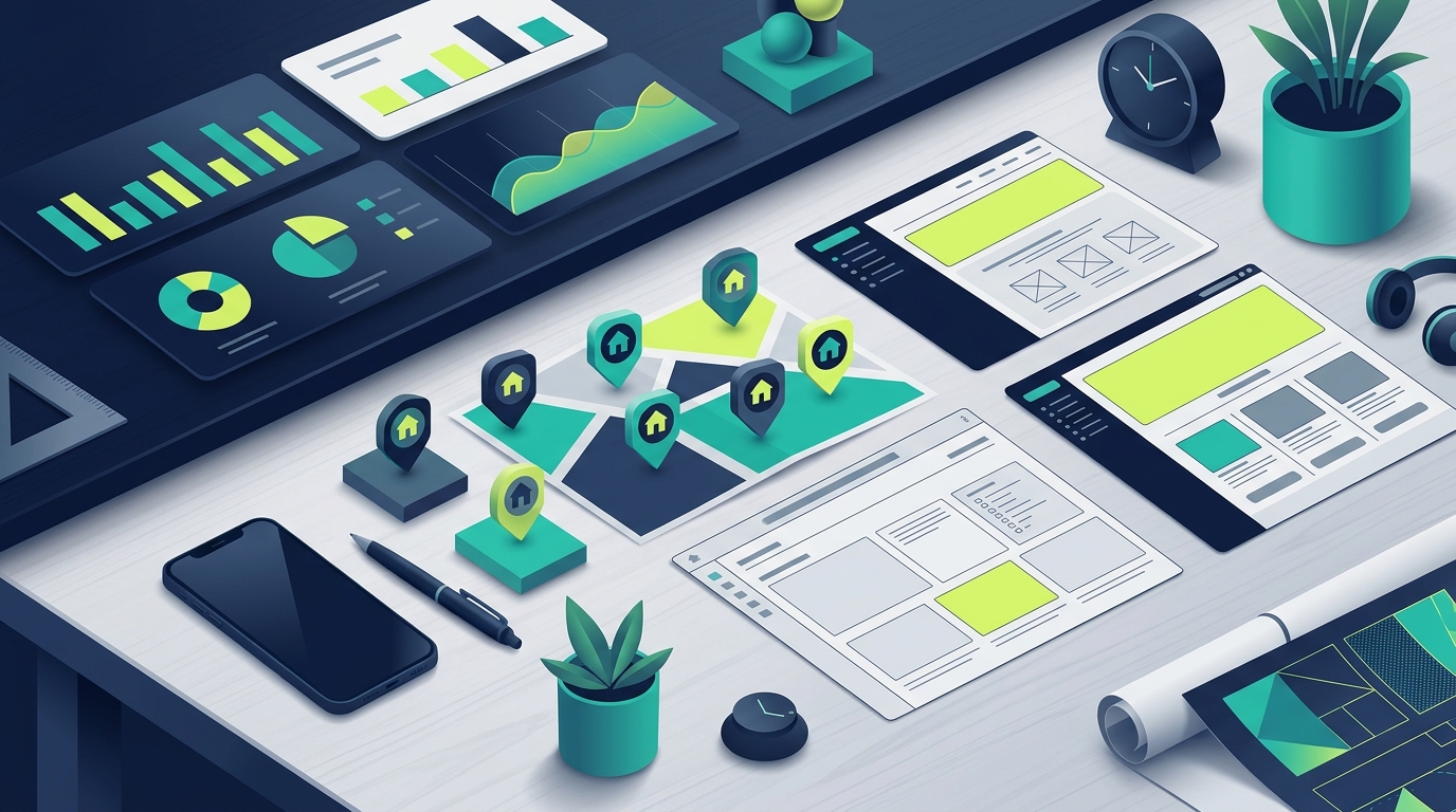 Abstract real estate website buying guide illustration in navy, teal, and lime with property cards and interface shapes.