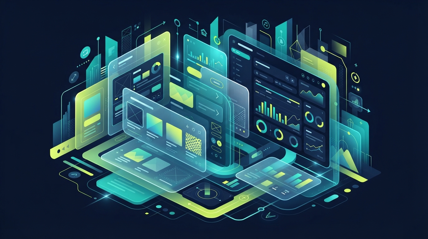 Abstract editorial illustration of a real estate landing page buyer guide with property cards and dashboard shapes in #0b132b, #17c3b2, and #d7f75b.