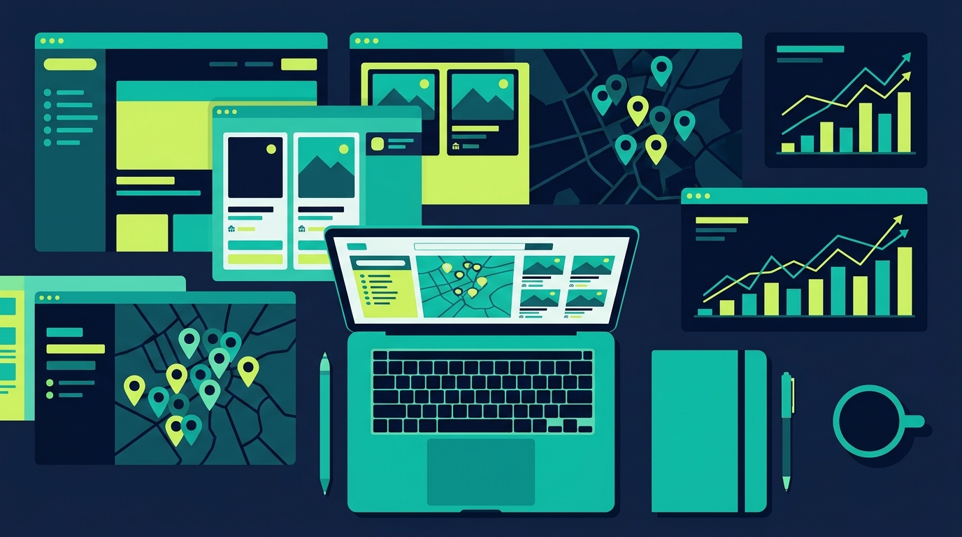 Abstract editorial illustration of a real estate website theme decision workspace in navy, teal, and lime.