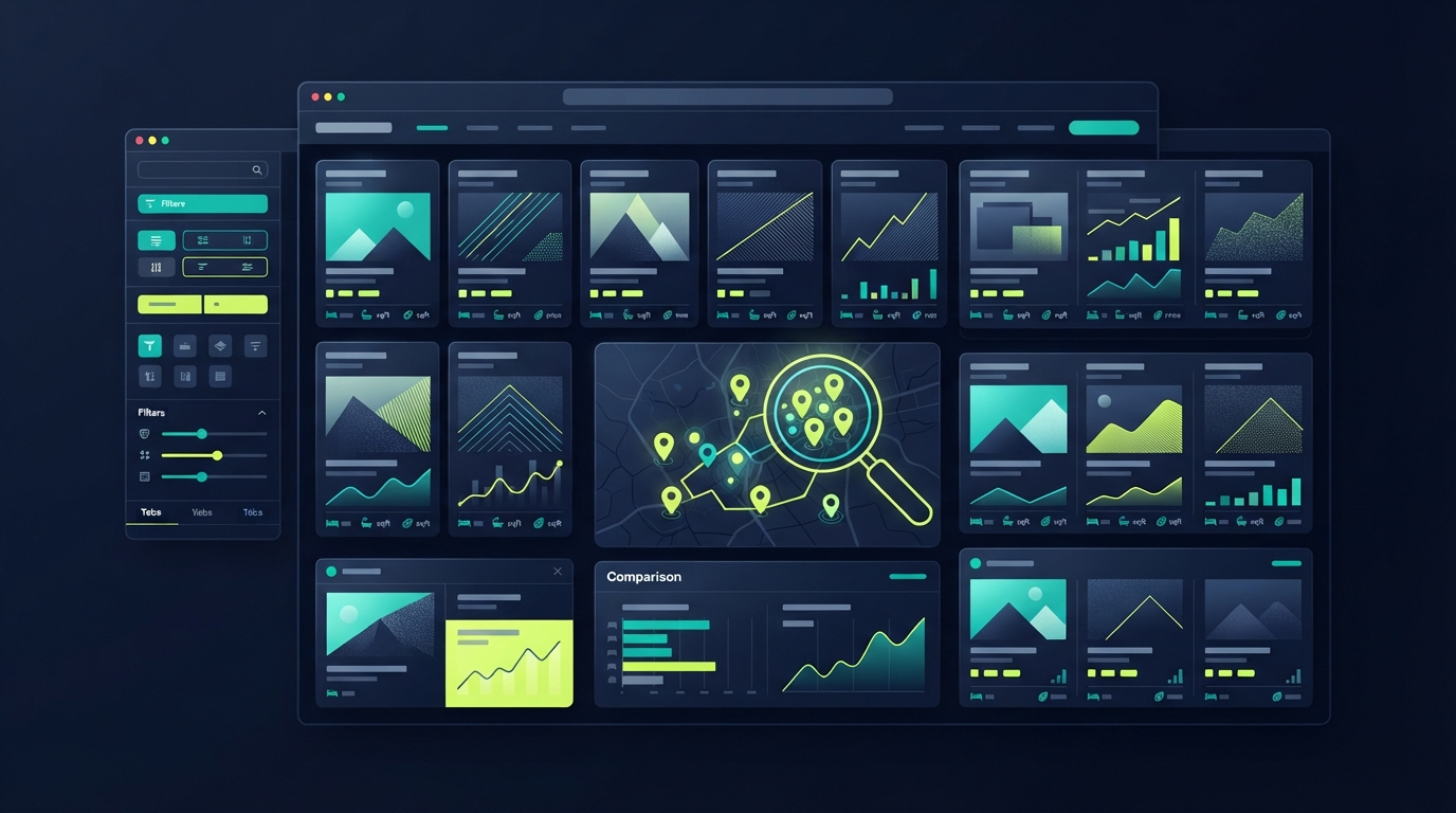 Abstract comparison dashboard for real estate website templates in dark navy, teal, and lime brand colors.
