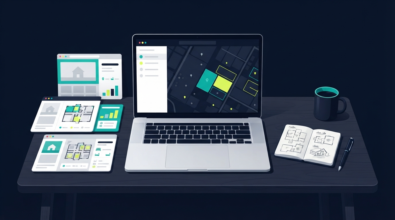Minimal editorial illustration of real estate website options with interface cards and map pins in a navy, teal, and lime palette.