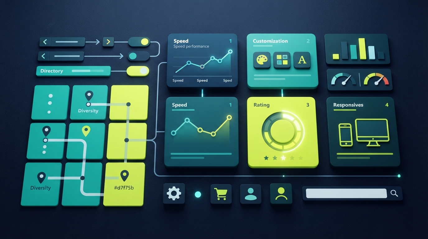 Abstract editorial buyer-guide illustration for a WordPress directory theme comparison using navy, teal, and lime accents.