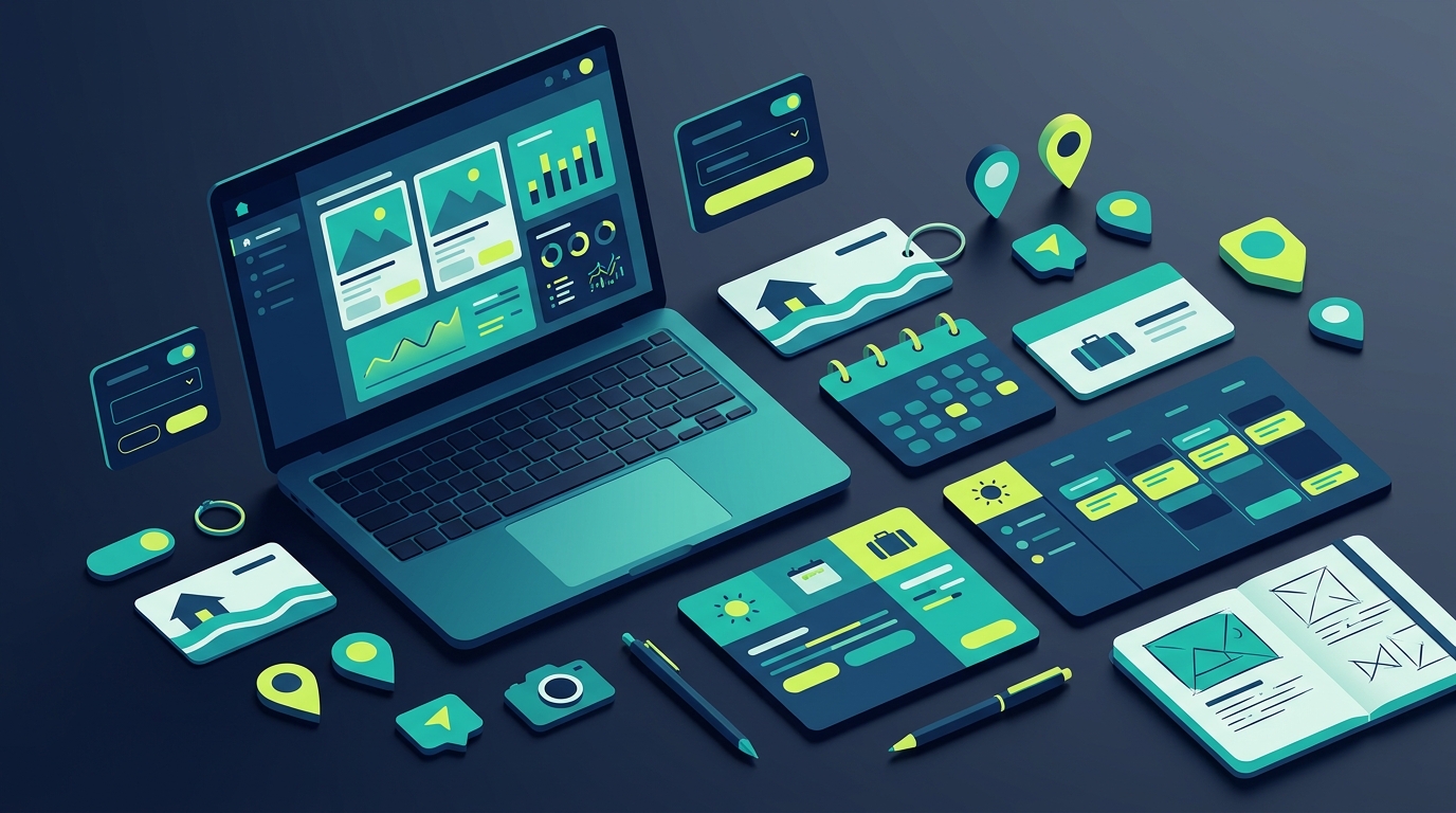 Stylized editorial illustration of a vacation rental website buyer guide with laptop, calendar, and property booking interface in navy, teal, and lime.