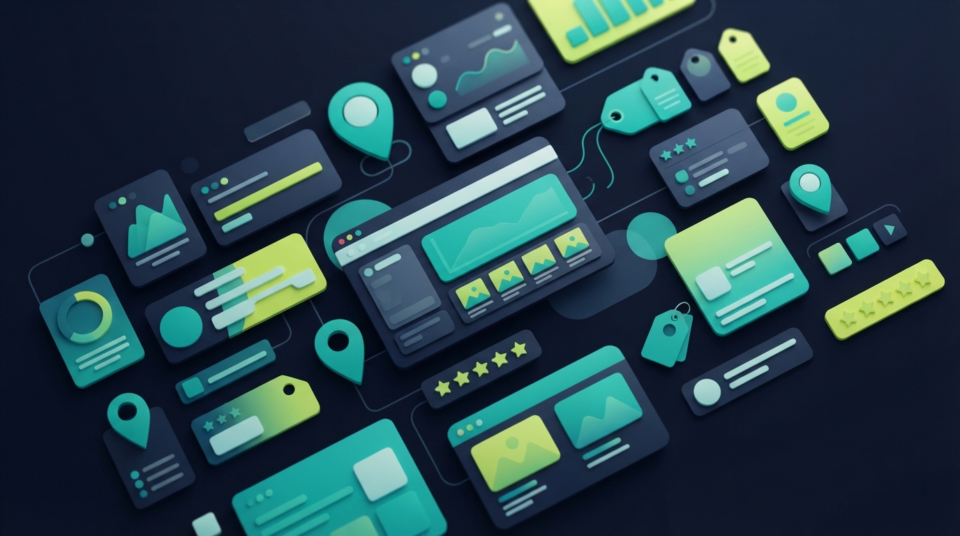 Abstract editorial illustration of a directory theme buying guide with pricing, ratings, map pins, and search filters in teal and lime on a navy background.