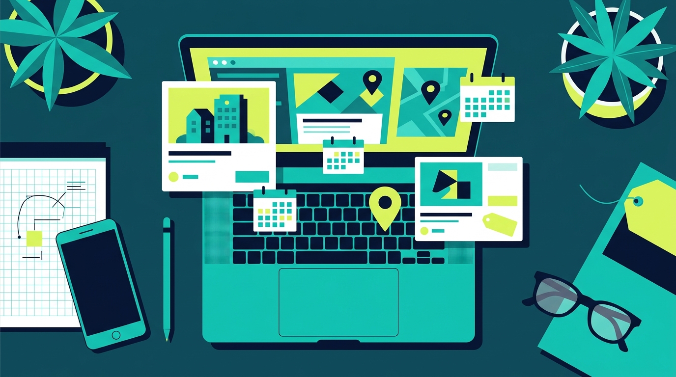 Editorial illustration of apartment rental decision-making with a laptop, booking calendar, property cards, and map pins in teal, lime, and deep navy.