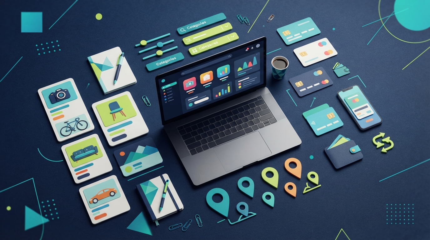 Stylized classifieds marketplace dashboard with listing cards, search filters, and revenue icons in teal, lime, and navy.