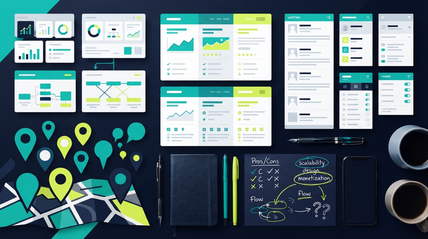Abstract comparison graphic for a WordPress directory theme buying guide with cards, map pins, filters, and listing layouts in navy, teal, and lime.