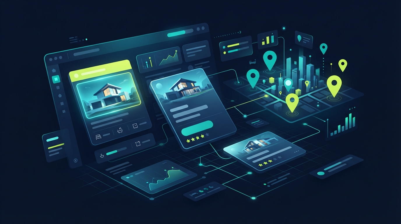 Abstract editorial illustration of a WordPress real estate plugin buyer guide with dashboard cards, property listings, and map pins in navy, teal, and chartreuse.