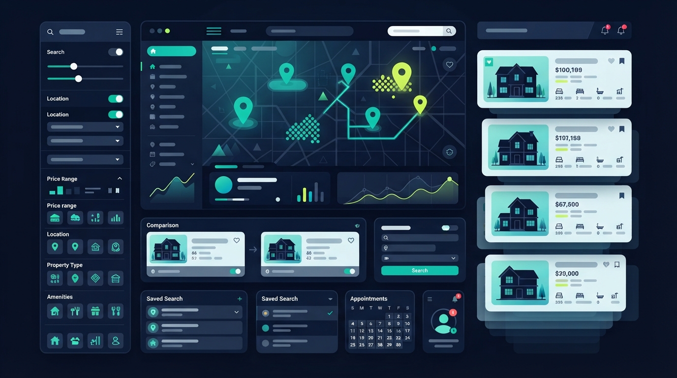 Abstract editorial illustration of a real estate buyer guide dashboard in navy, teal, and lime.