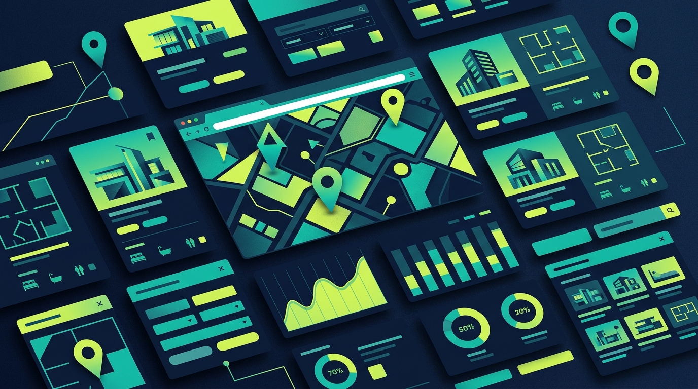 Abstract real estate website decision graphic with property cards, map pins, and dashboard panels in blue, teal, and lime.